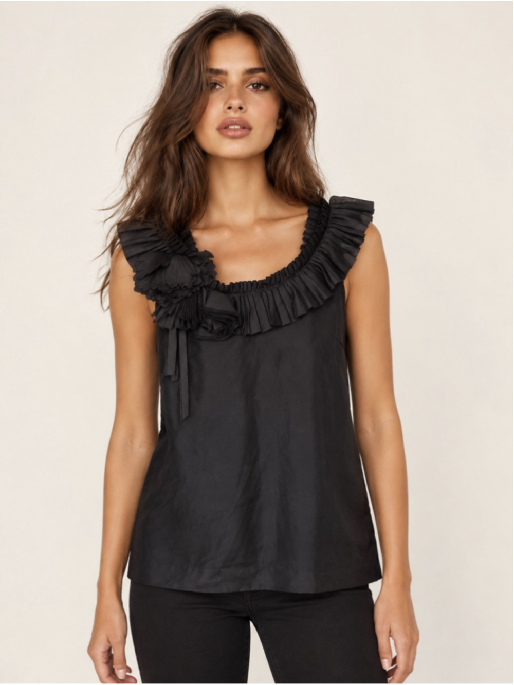 JCrew 100% Silk Ruffle Blouse Floral Applique Sleeveless Romantic Coquette Luxe